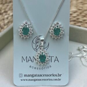 Conjunto Brinco e Colar Gota Verde Turmalina Cravejado