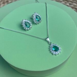 Conjunto Brinco e Colar Gota Verde Turmalina Cravejado