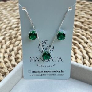 Conjunto Brinco e Colar Ponto de Luz Redondo Verde Esmeralda